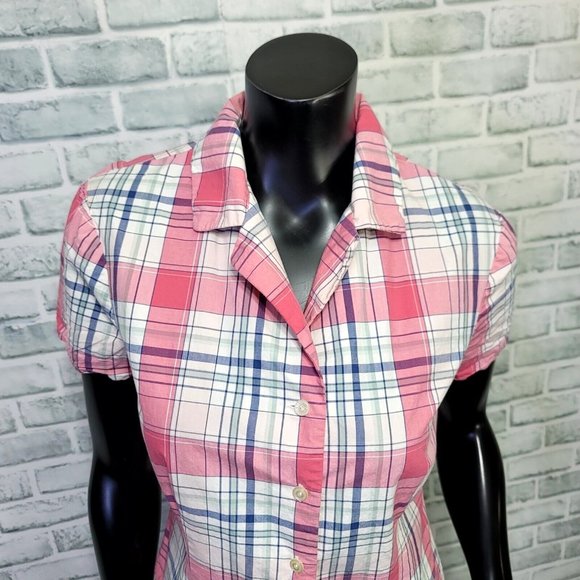 Vintage Y2K Esprit JRS M Pink Plaid Cotton S/S Button Front Shirt Preppy - Picture 2 of 8
